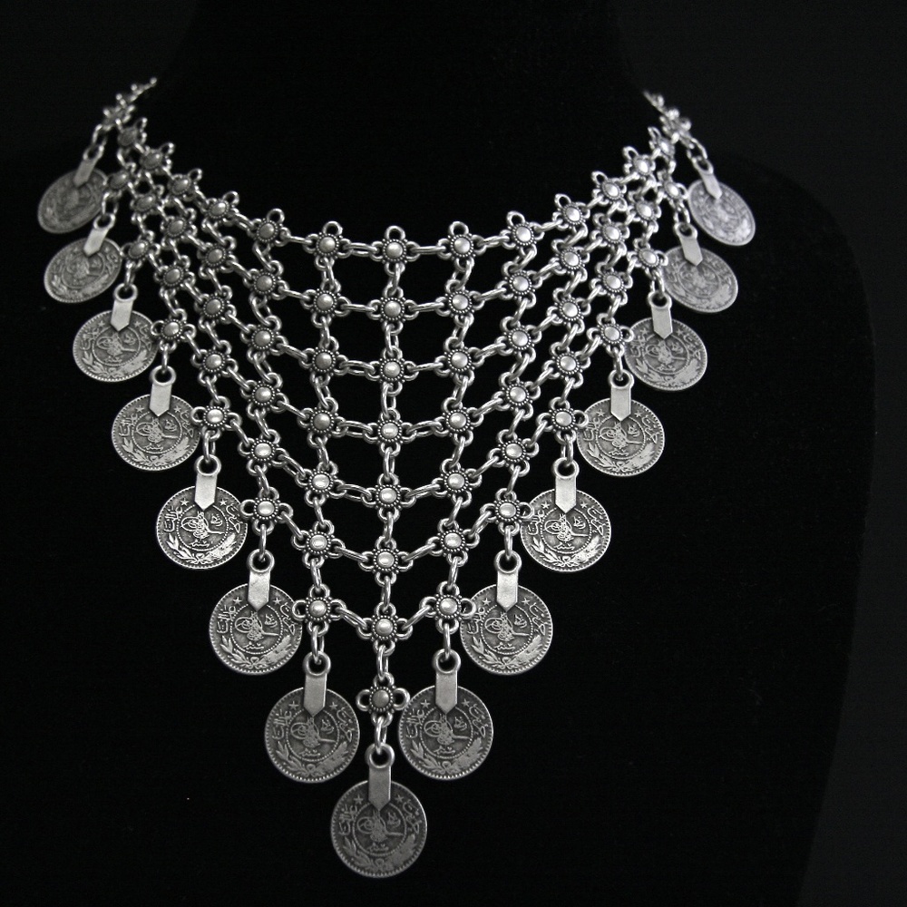 Boho Antique Silver Dipped Flower Hanging Coin NWT